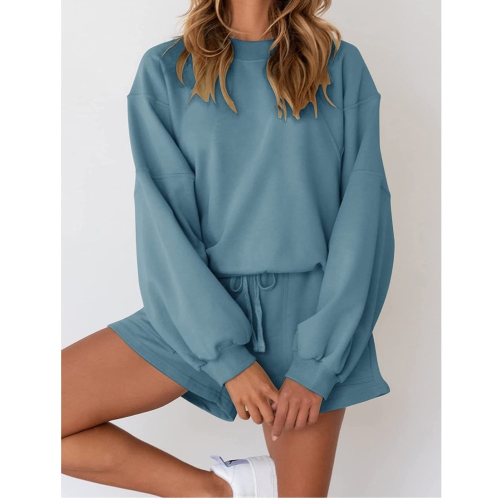 2 piece blue teal oversized lounge set long sleeve sweatshirt top & shorts